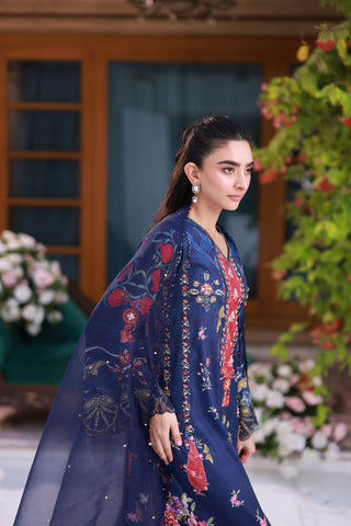 Silk Tunic - 2PCS HAND EMBELLISHED  SHIRT WITH TROUSER-FW25DA-2875 NAVY BLUE