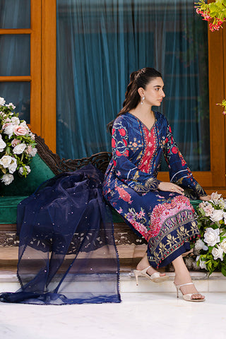 Silk Tunic - 2PCS HAND EMBELLISHED  SHIRT WITH TROUSER-FW25DA-2875 NAVY BLUE