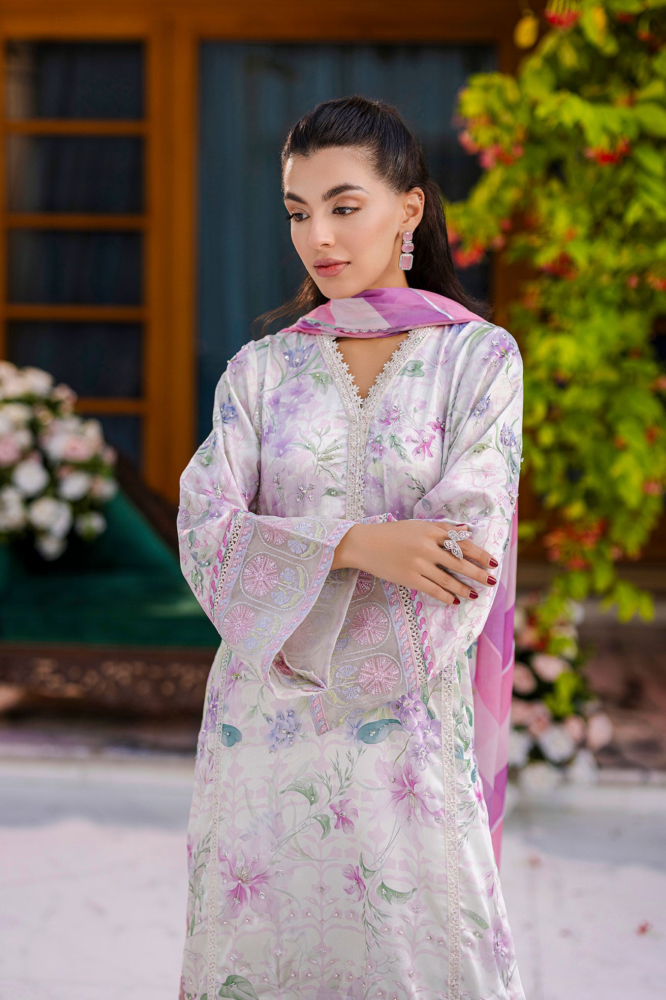 Silk Tunic - 2PCS HAND EMBELLISHED  SHIRT WITH TROUSER-FW25DA-2868 OFF WHITE