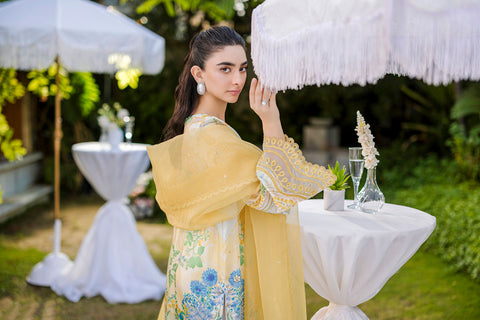 Silk Tunic - 2PCS HAND EMBELLISHED  SHIRT WITH TROUSER-FW25DA-2867 YELLOW