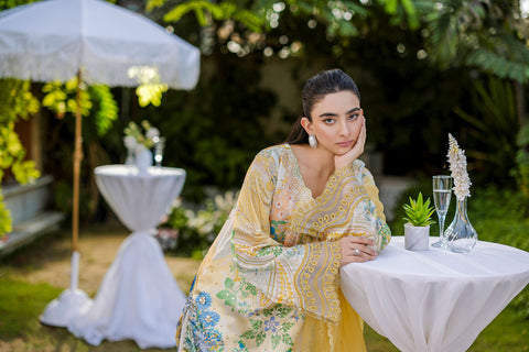 Silk Tunic - 2PCS HAND EMBELLISHED  SHIRT WITH TROUSER-FW25DA-2867 YELLOW