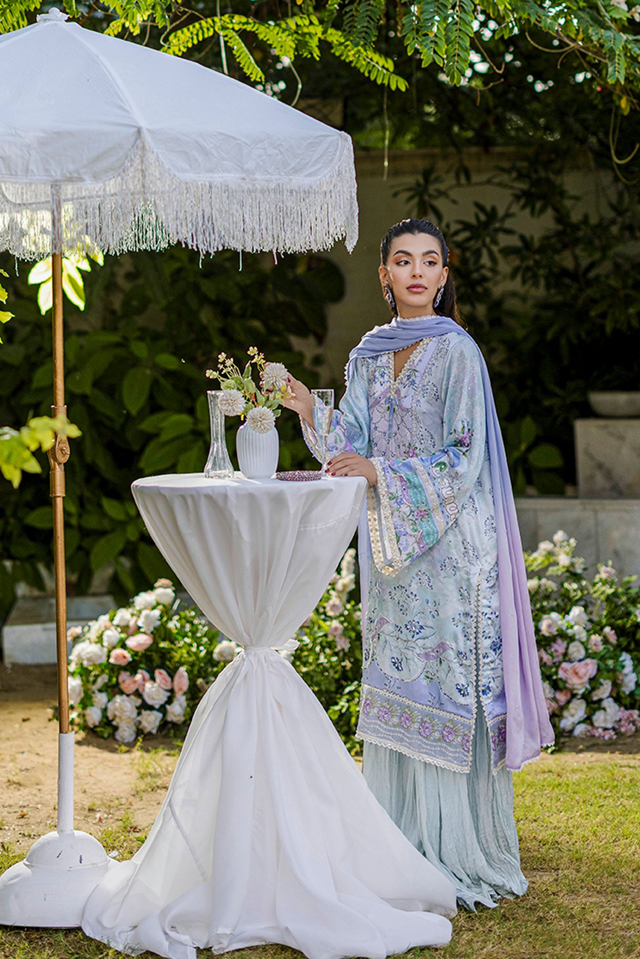 Silk Tunic - 2PCS HAND EMBELLISHED  SHIRT WITH TROUSER-FW25DA-2866 SKY BLUE