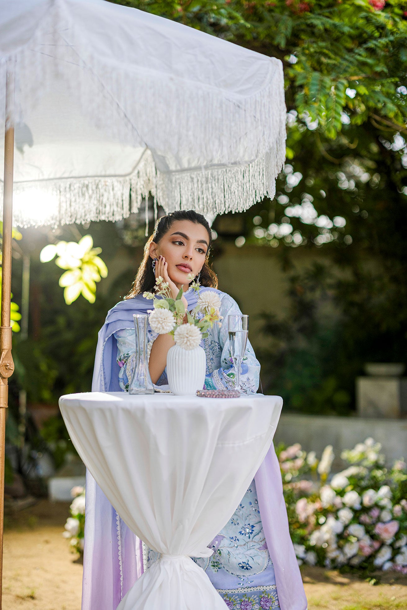 Silk Tunic - 2PCS HAND EMBELLISHED  SHIRT WITH TROUSER-FW25DA-2866 SKY BLUE