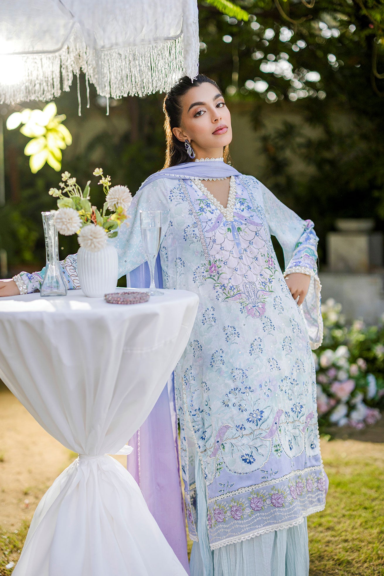 Silk Tunic - 2PCS HAND EMBELLISHED  SHIRT WITH TROUSER-FW25DA-2866 SKY BLUE