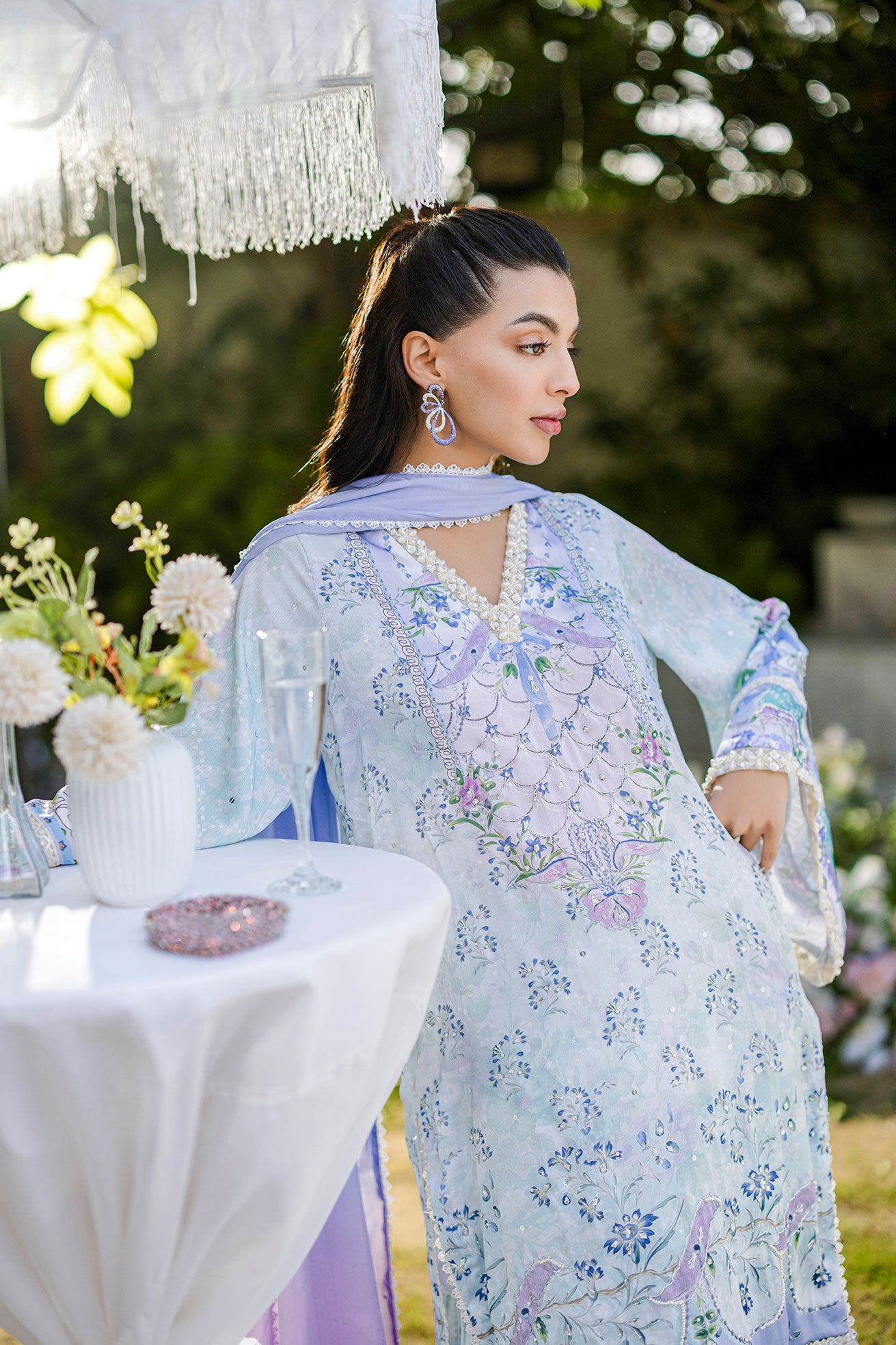 Silk Tunic - 2PCS HAND EMBELLISHED  SHIRT WITH TROUSER-FW25DA-2866 SKY BLUE