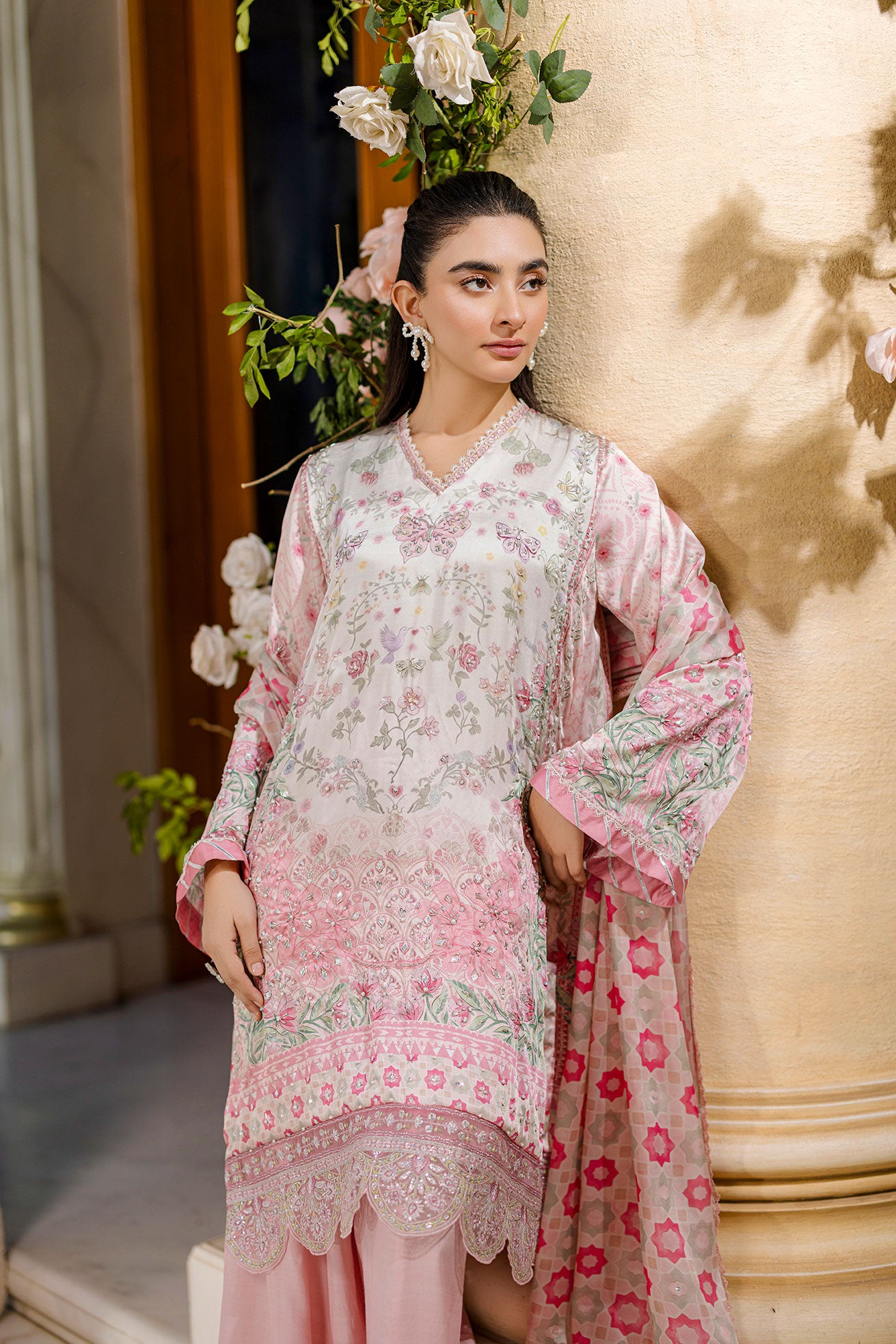 Silk Tunic - 2PCS HAND EMBELLISHED  SHIRT WITH TROUSER-FW25DA-2873 PINK