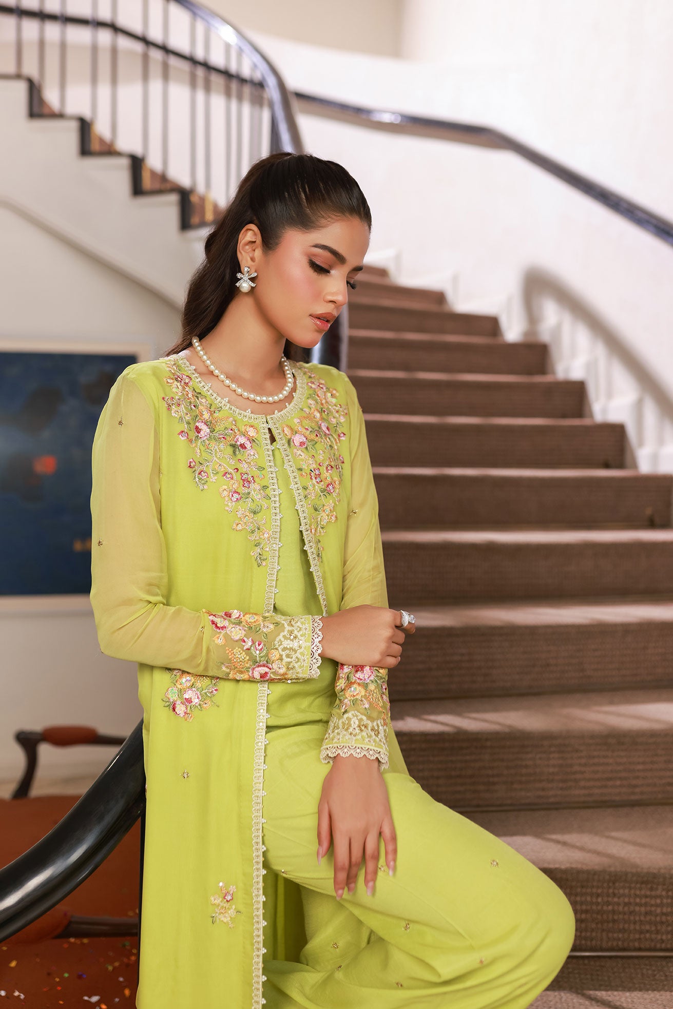 SS25DA-2717 GREEN 2PCS EMBROIDERED KURTA WITH TROUSER