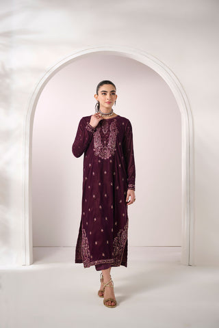 FW24DA-2621   PURPLE  2PCS  EMBROIDERED KURTA WITH TROUSER