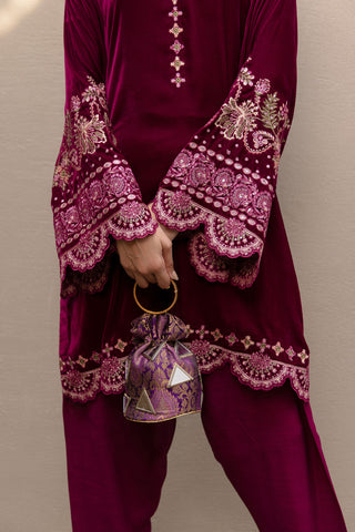 FW24DA-2626   PLUM  2PCS  EMBROIDERED KURTA WITH TROUSER