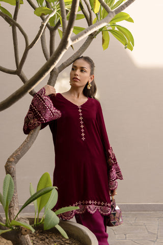 FW24DA-2626   PLUM  2PCS  EMBROIDERED KURTA WITH TROUSER