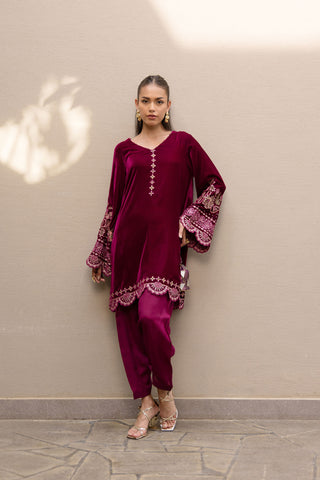 FW24DA-2626   PLUM  2PCS  EMBROIDERED KURTA WITH TROUSER