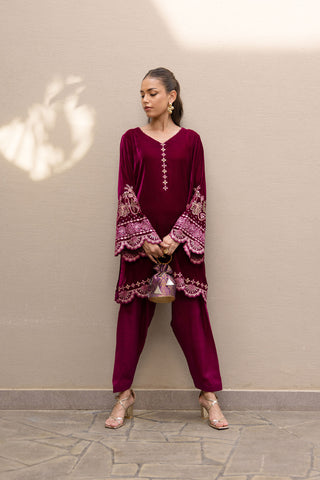 FW24DA-2626   PLUM  2PCS  EMBROIDERED KURTA WITH TROUSER