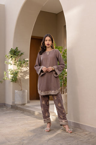 FW24DA-2625   OLIVE GREEN  2PCS  EMBROIDERED KURTA WITH TROUSER