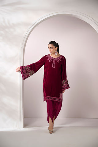 FW24DA-2628   PLUM  2PCS  EMBROIDERED KURTA WITH TROUSER