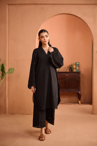 SS24DC-2455 BLACK 2PCS EMBROIDERED KURTA WITH TROUSER