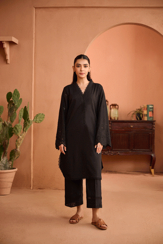 SS24DC-2455 BLACK 2PCS EMBROIDERED KURTA WITH TROUSER