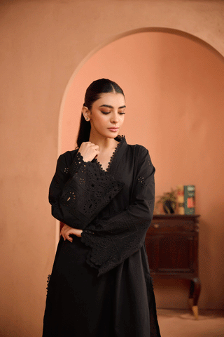 SS24DC-2455 BLACK 2PCS EMBROIDERED KURTA WITH TROUSER