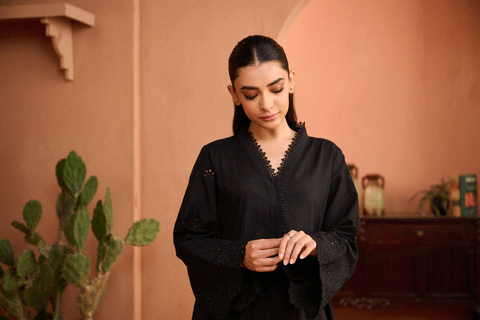 SS24DC-2455 BLACK 2PCS EMBROIDERED KURTA WITH TROUSER