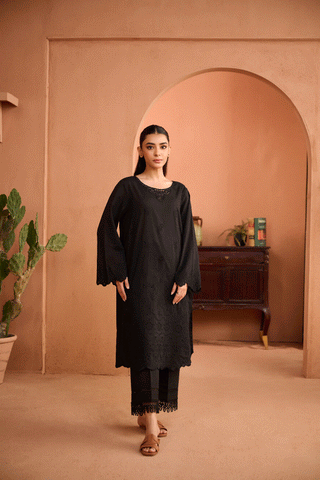 SS24DC-2453 BLACK 2PCS EMBROIDERED KURTA WITH TROUSER