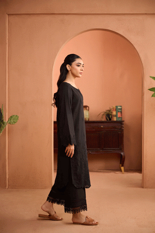 SS24DC-2453 BLACK 2PCS EMBROIDERED KURTA WITH TROUSER