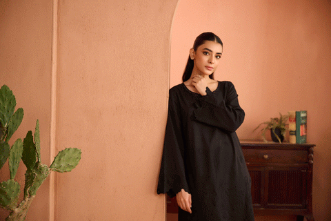 SS24DC-2453 BLACK 2PCS EMBROIDERED KURTA WITH TROUSER