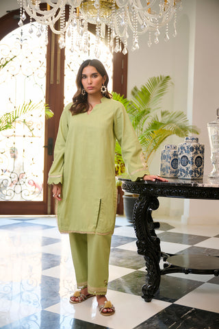 DC-2247 GREEN 2PCS  EMBROIDERED KURTA WITH TROUSER