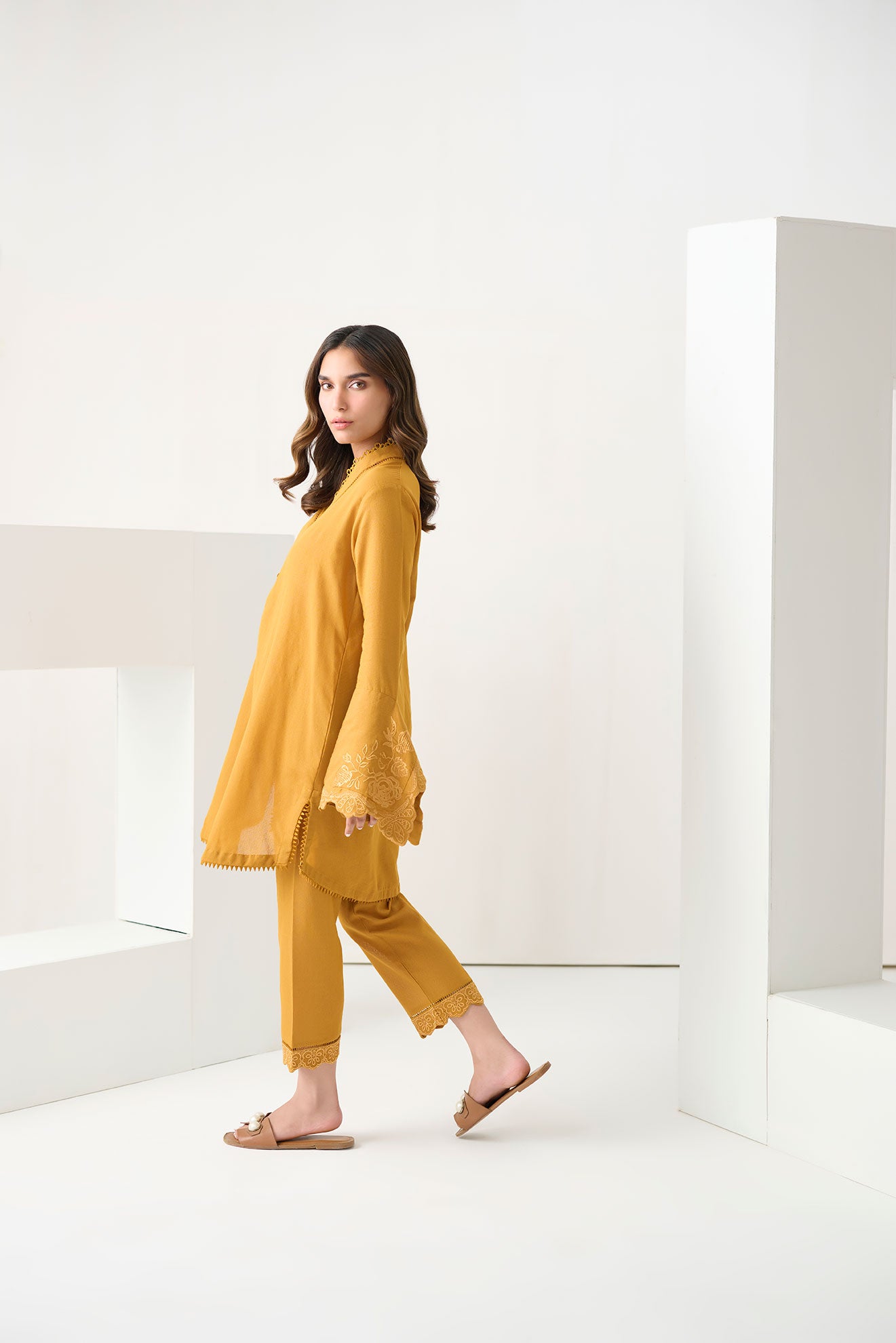 DC-2252 MUSTARD 2PCS  EMBROIDERED KURTA WITH TROUSER
