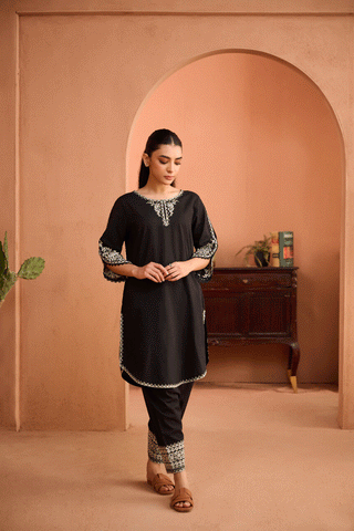 SS24DC-2457 BLACK 2PCS EMBROIDERED KURTA WITH TROUSER