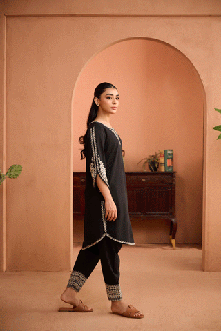 SS24DC-2457 BLACK 2PCS EMBROIDERED KURTA WITH TROUSER