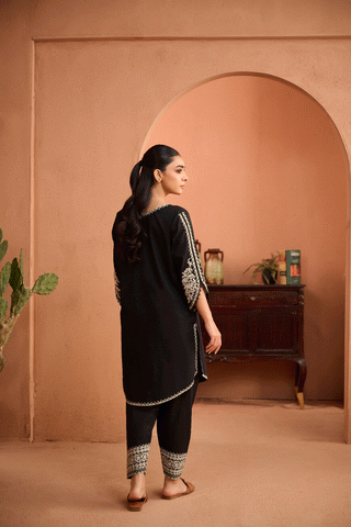 SS24DC-2457 BLACK 2PCS EMBROIDERED KURTA WITH TROUSER