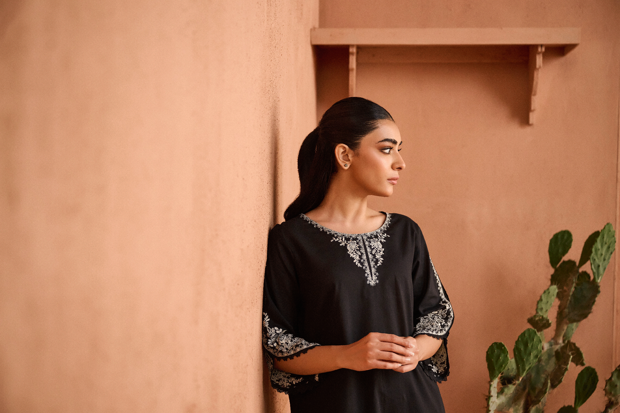 SS24DC-2457 BLACK 2PCS EMBROIDERED KURTA WITH TROUSER