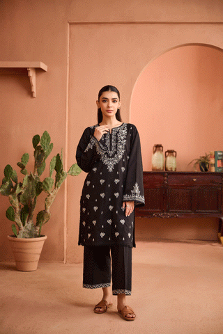 SS24DC-2452 BLACK 2PCS EMBROIDERED KURTA WITH TROUSER