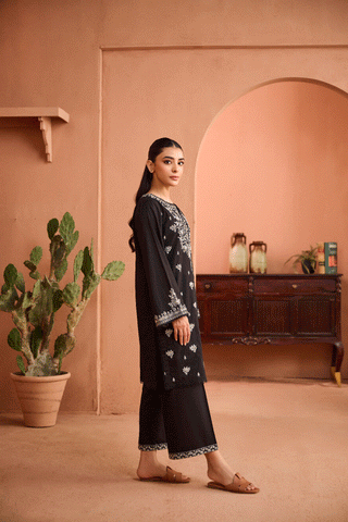 SS24DC-2452 BLACK 2PCS EMBROIDERED KURTA WITH TROUSER