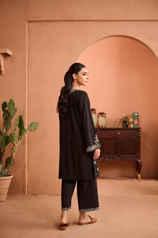 SS24DC-2452 BLACK 2PCS EMBROIDERED KURTA WITH TROUSER