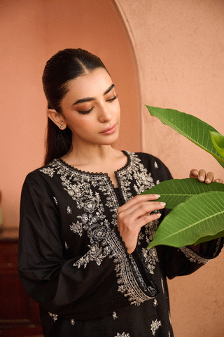 SS24DC-2452 BLACK 2PCS EMBROIDERED KURTA WITH TROUSER