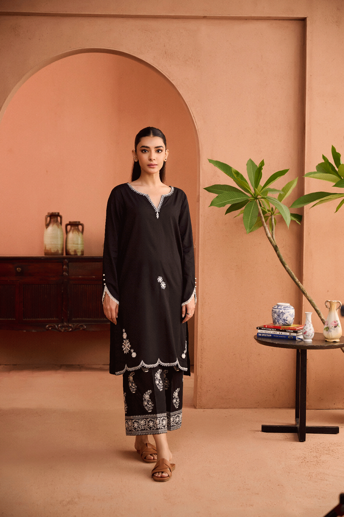 SS24DC-2459 BLACK 2PCS EMBROIDERED KURTA WITH TROUSER