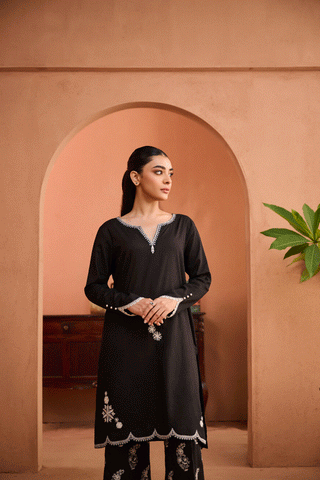 SS24DC-2459 BLACK 2PCS EMBROIDERED KURTA WITH TROUSER