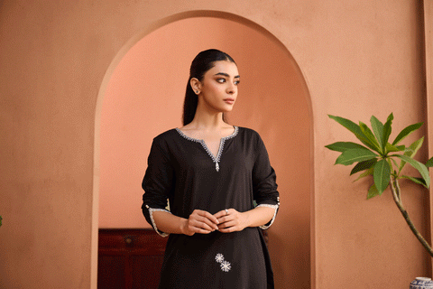 SS24DC-2459 BLACK 2PCS EMBROIDERED KURTA WITH TROUSER