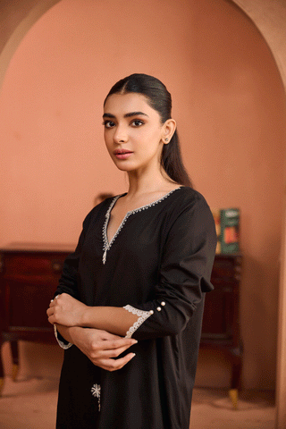 SS24DC-2459 BLACK 2PCS EMBROIDERED KURTA WITH TROUSER