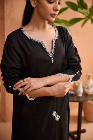 SS24DC-2459 BLACK 2PCS EMBROIDERED KURTA WITH TROUSER