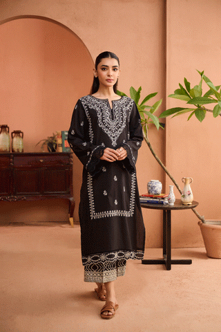 SS24DC-2454 BLACK 2PCS EMBROIDERED KURTA WITH TROUSER