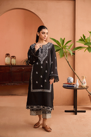 SS24DC-2454 BLACK 2PCS EMBROIDERED KURTA WITH TROUSER