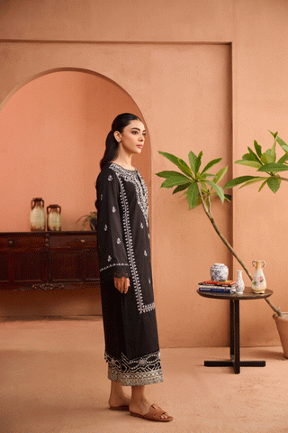 SS24DC-2454 BLACK 2PCS EMBROIDERED KURTA WITH TROUSER