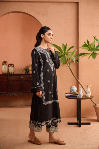 SS24DC-2454 BLACK 2PCS EMBROIDERED KURTA WITH TROUSER