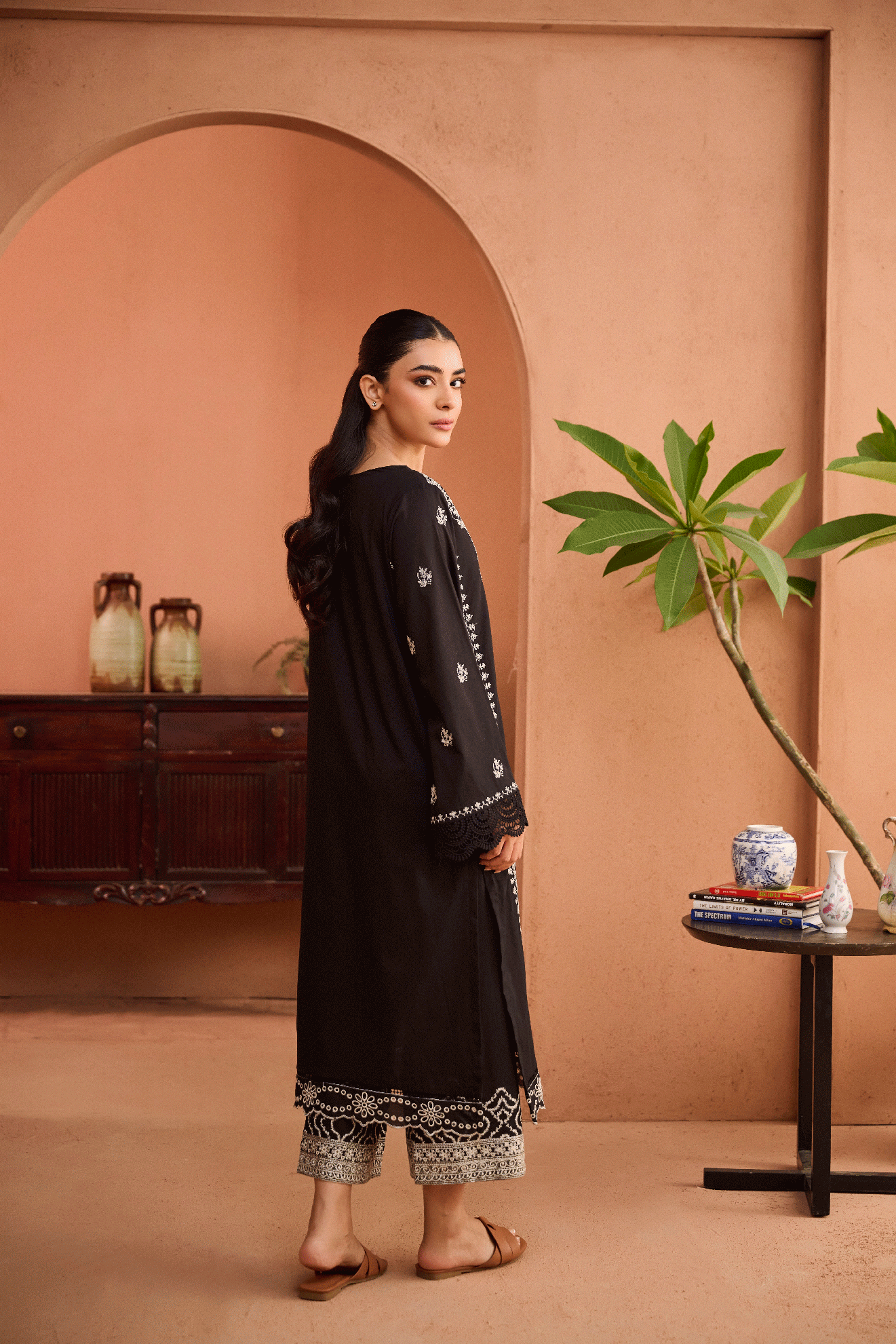 SS24DC-2454 BLACK 2PCS EMBROIDERED KURTA WITH TROUSER