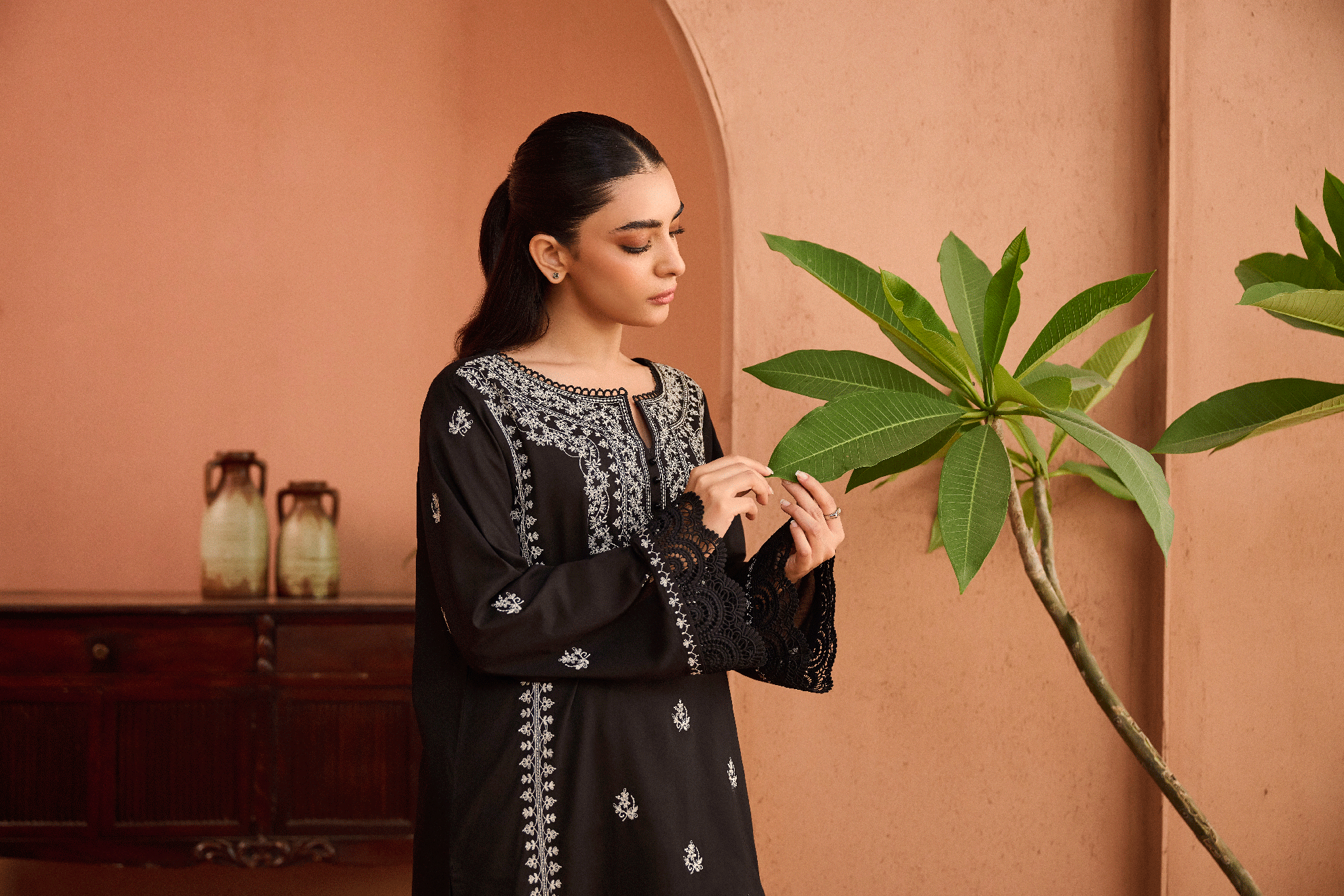 SS24DC-2454 BLACK 2PCS EMBROIDERED KURTA WITH TROUSER