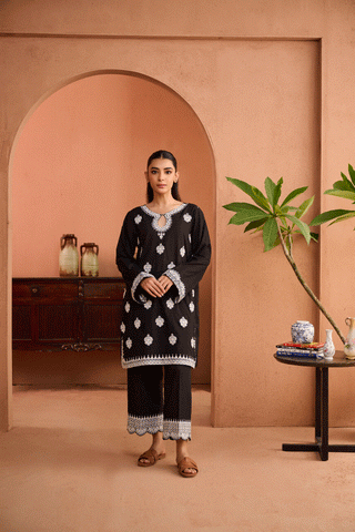 SS24DC-2460 BLACK 2PCS EMBROIDERED KURTA WITH TROUSER