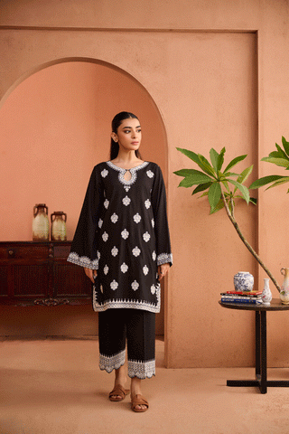 SS24DC-2460 BLACK 2PCS EMBROIDERED KURTA WITH TROUSER