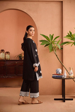 SS24DC-2460 BLACK 2PCS EMBROIDERED KURTA WITH TROUSER