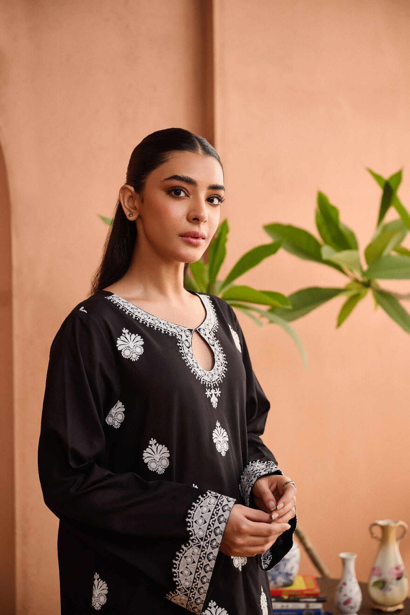 SS24DC-2460 BLACK 2PCS EMBROIDERED KURTA WITH TROUSER